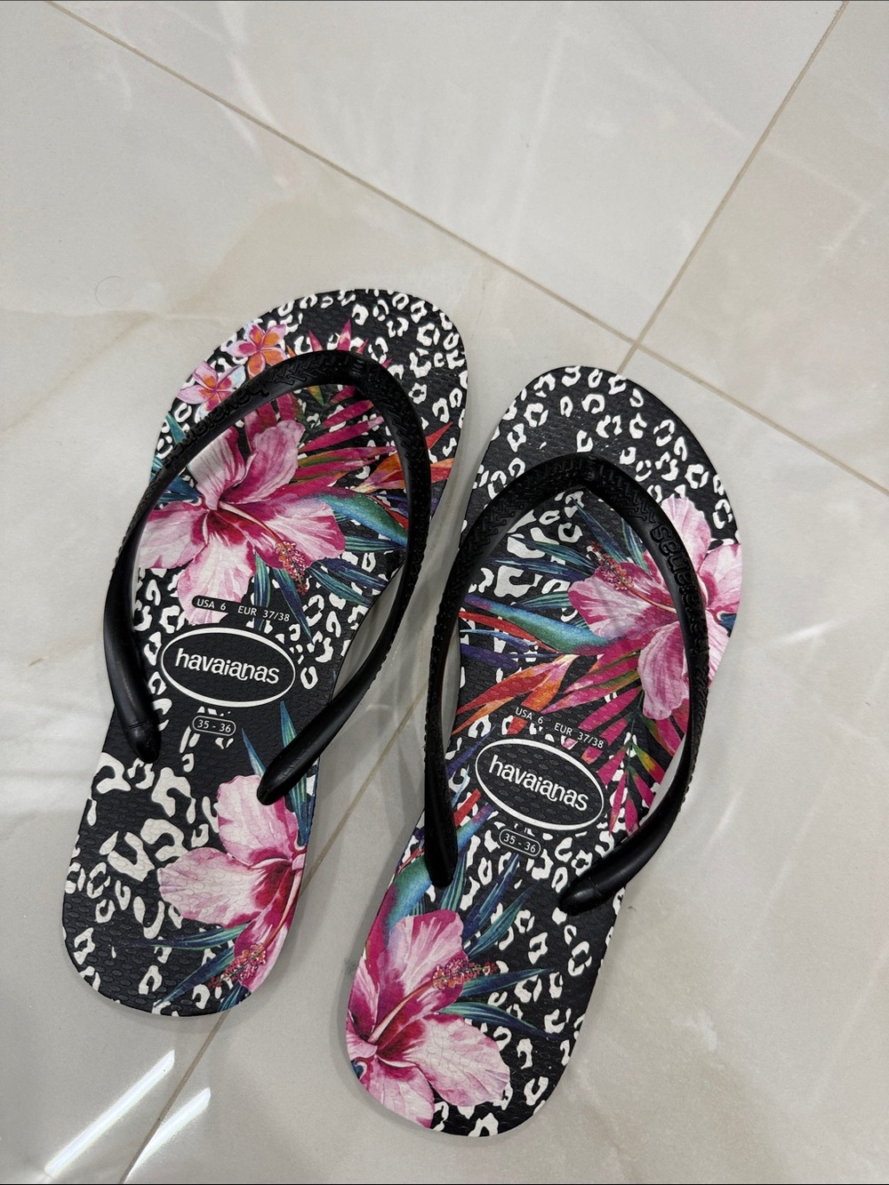 Havaianas Black Flip Flops with Pink Floral Print